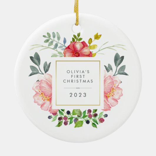  Girly Flowers Baby's Eerste Kerstmis Keramisch Ornament (Achterkant)
