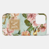 Girly Flowers Gold Glitter Mint Monogram Case-Mate iPhone Case (Achterkant (horizontaal))