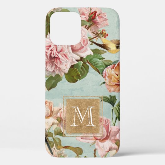 Girly Flowers Gold Glitter Mint Monogram Case-Mate iPhone Case (Achterkant)