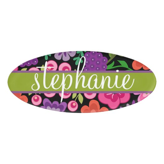 Girly Flowers met Cute Script - kleurrijk Naambadge (Voorkant)