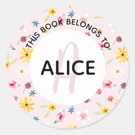 Girly Flowers Monogram en Name Bookplate Ronde Sticker (Voorkant)