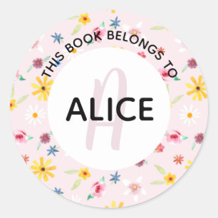 Girly Flowers Monogram en Name Bookplate Ronde Sticker