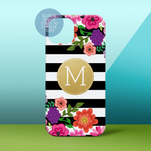 Girly Flowers, Stripes, Gold Monogram Black White iPhone 15 Case