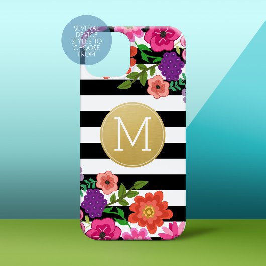 Girly Flowers, Stripes, Gold Monogram Black White Case-Mate iPhone Case