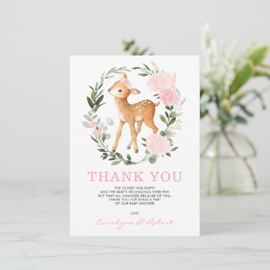 Girly Forest Herten Fawn Woodland groen Baby Bedankkaart (Staand voorkant)