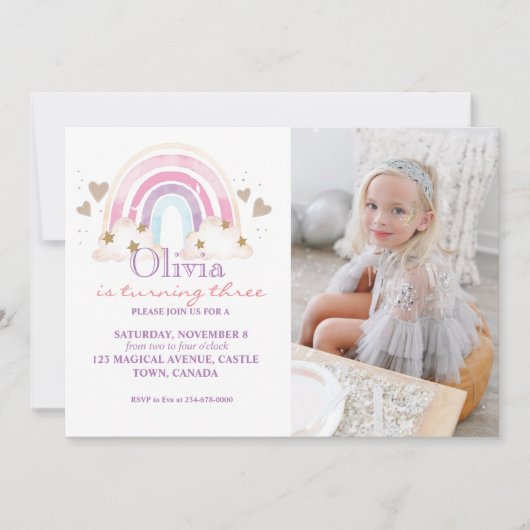 Girly Foto Verjaardagsuitnodiging Rainbow Kinder Kaart (Voorkant)