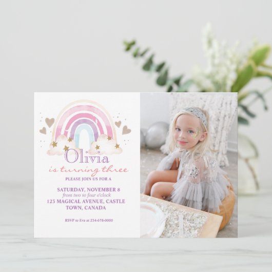 Girly Foto Verjaardagsuitnodiging Rainbow Kinder Kaart (Staand voorkant)