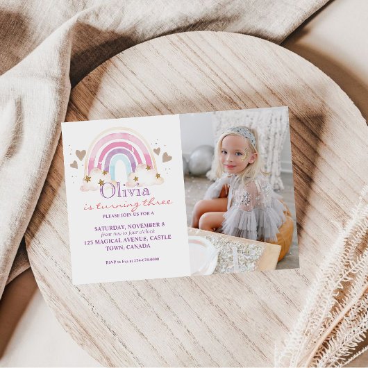 Girly Foto Verjaardagsuitnodiging Rainbow Kinder Kaart