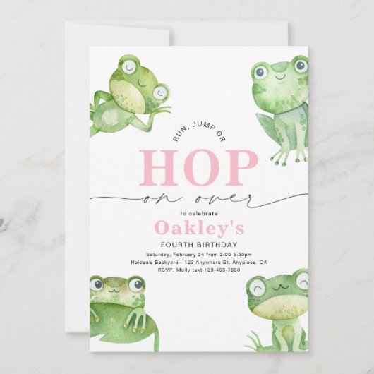 Girly Frog Birthday Party Invitation Kaart (Voorkant)