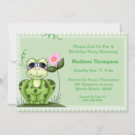 Girly Frog Birthday Party Invitation Kaart (Voorkant)