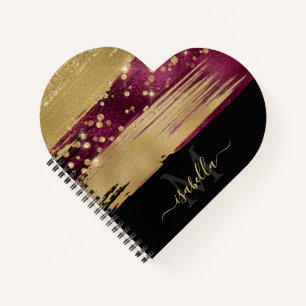 Girly Fun Burgundy Gold Glitter Script Monogramed Notitieboek