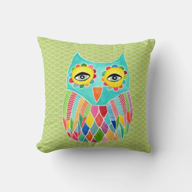 Girly Funky Modern Lime Green Owl Art-kussen Kussen (Voorkant)
