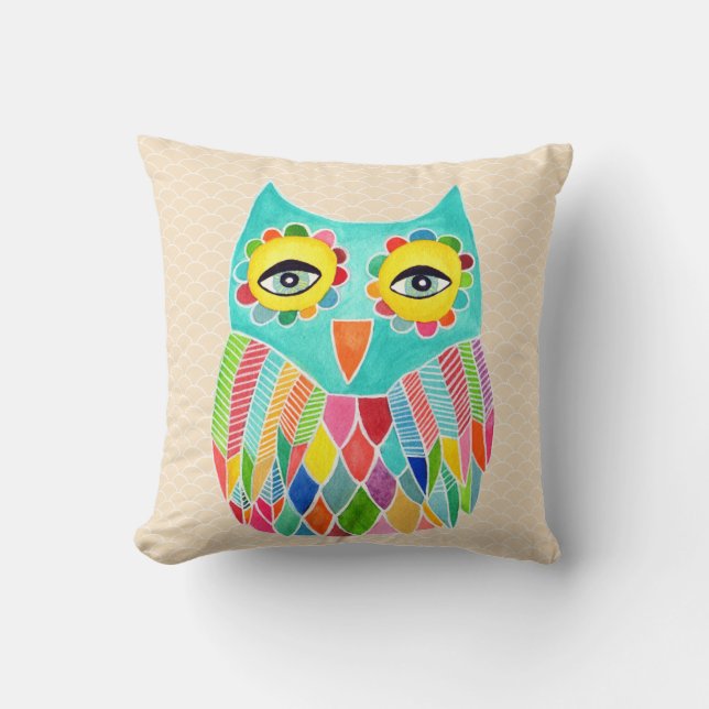Girly Funky Modern Unique Owl Art Cushion Kussen (Voorkant)