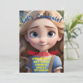Girly geanimeerde look stijl verjaardagsfeestje kaart (Staand voorkant)