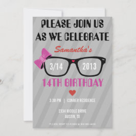 Girly Geek Glasses & Hearts Birthday Invitation Kaart