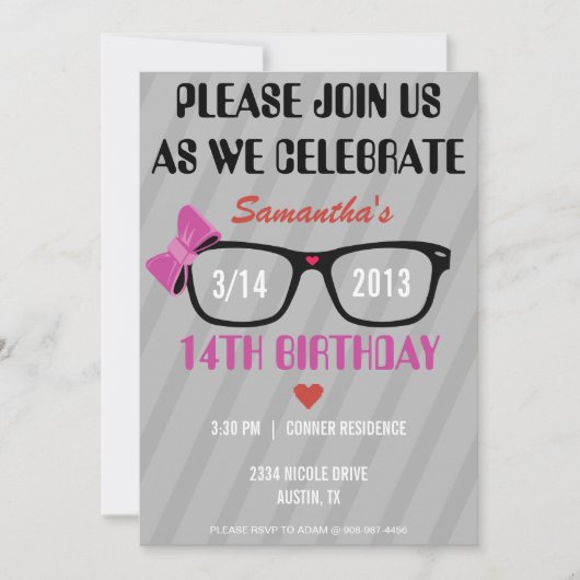 Girly Geek Glasses & Hearts Birthday Invitation Kaart (Voorkant)