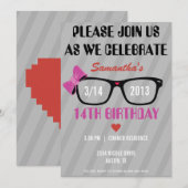 Girly Geek Glasses & Hearts Birthday Invitation Kaart (Voorkant / Achterkant)