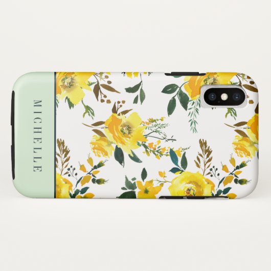 Girly Gele bloemen en groen monogram Case-Mate iPhone Case (Achterkant (horizontaal))