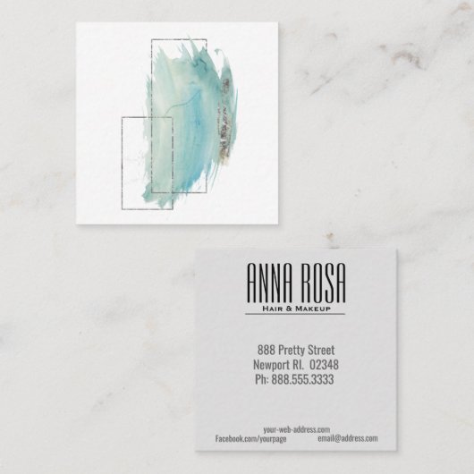 *~* Girly Geometric Turquoise & Silver Waterverf Vierkante Visitekaartje (Voorkant / Achterkant)