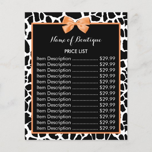 Girly Giraffe print Oranje Bow Boutique Price List Flyer (Voorkant)