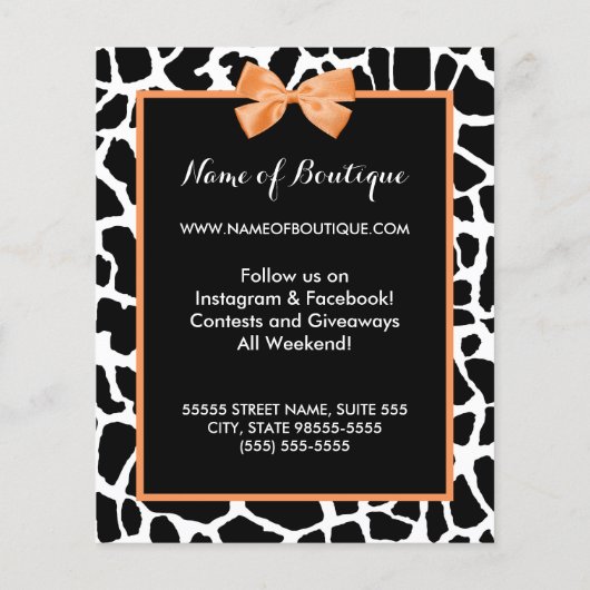 Girly Giraffe print Oranje Bow Mode Boutique Flyer (Achterkant)