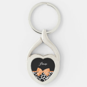 Girly Giraffe Print Oranje Lint Boog Met Naam Sleutelhanger
