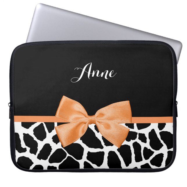 Girly Giraffe print Oranje lintje met naam Laptop Sleeve (Voorkant)