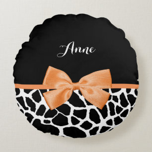 Girly Giraffe print Oranje lintje met naam Rond Kussen