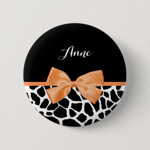 Girly Giraffe print Oranje lintje met naam Ronde Button 5,7 Cm