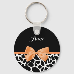 Girly Giraffe print Oranje lintje met naam Sleutelhanger