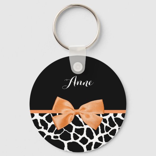 Girly Giraffe print Oranje lintje met naam Sleutelhanger (Voorkant)