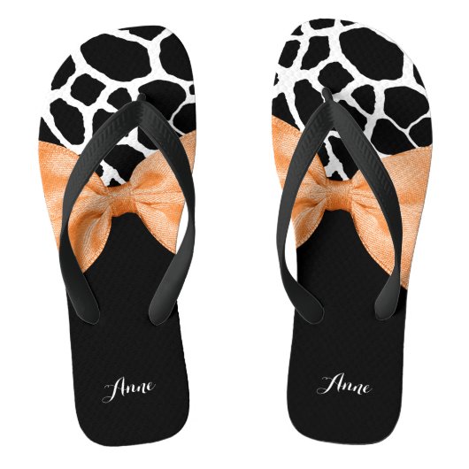 Girly Giraffe print Oranje lintje met naam Teenslippers (Voetbed)