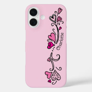 Girly Girl Hot Pink Hearts met naam Hoesje-Mate iP iPhone 16 Hoesje