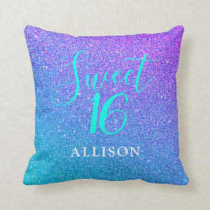 Girly Glam Blauwgroen Paars Glitter Sweet 16 Monog Kussen