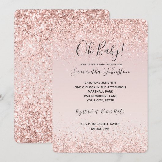 Girly Glam Blush Pink Glitter Sparkle Baby shower Kaart (Voorkant / Achterkant)