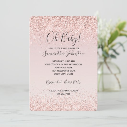 Girly Glam Blush Pink Glitter Sparkle Baby shower Kaart (Staand voorkant)
