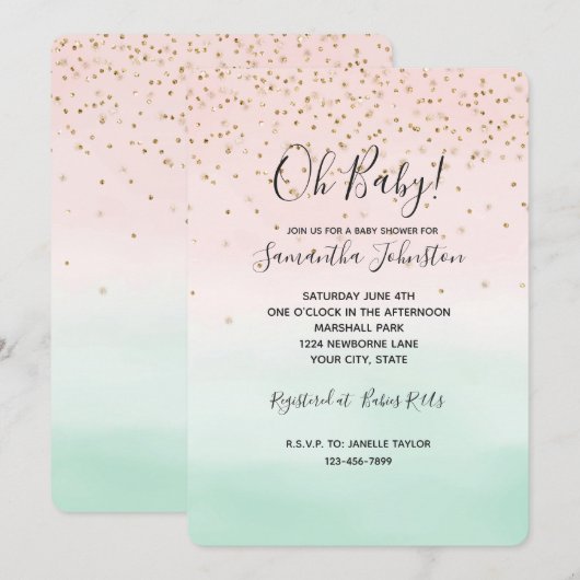 Girly Glam Blush Pink Mint Gold Sparkle Confetti Kaart (Voorkant / Achterkant)