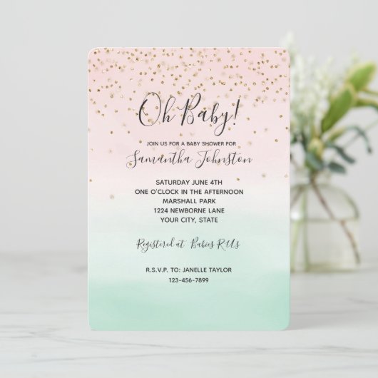 Girly Glam Blush Pink Mint Gold Sparkle Confetti Kaart (Staand voorkant)