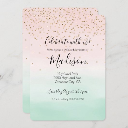 Girly Glam Blush Pink Mint Gold Sparkle Confetti Kaart (Voorkant / Achterkant)