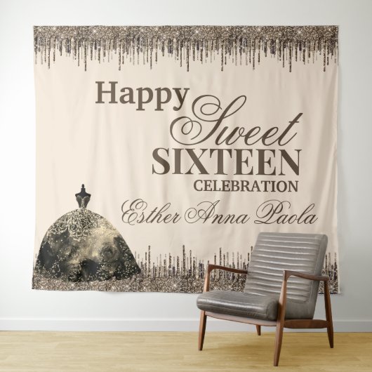 Girly Glam Brown Sparkly Drips Sweet 16 Birthday Wandkleed (In Situ (horizontaal))