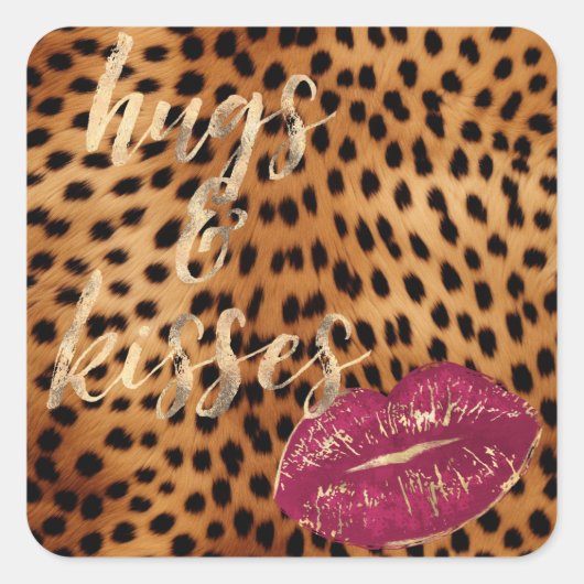 Girly Glam Cheetah Leopard Knuffels & Kisses Lippe Vierkante Sticker (Voorkant)