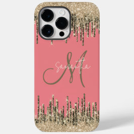Girly Glam Glittery Pink & Golden Monogram Case-Mate iPhone 14 Pro Max Hoesje