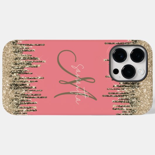Girly Glam Glittery Pink & Golden Monogram Case-Mate iPhone Case (Achterkant (horizontaal))
