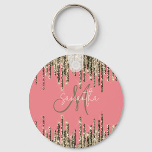 Girly Glam Glittery Pink & Golden Monogram Sleutelhanger
