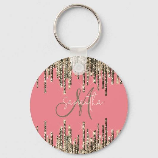Girly Glam Glittery Pink & Golden Monogram Sleutelhanger (Voorkant)
