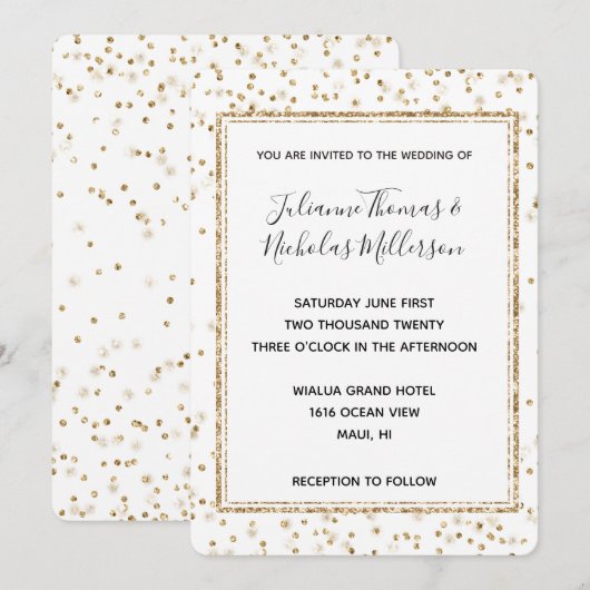 Girly Glam Gold Sparkle Confetti Wedding Invites Kaart (Voorkant / Achterkant)