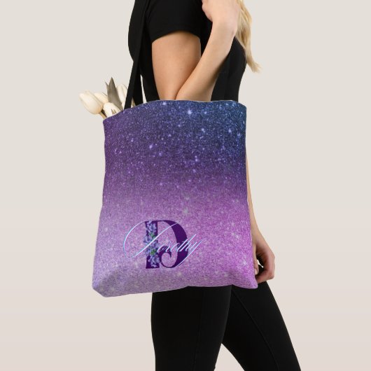 Girly Glam Heet Paarse Glitter Sparkles Monogram Tote Bag (Dichtbij)