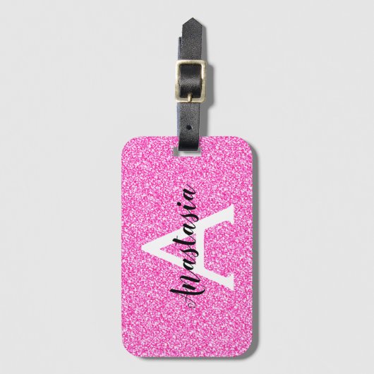 Girly Glam Hot Pink Glitter Sparkles Monogram Bagagelabel (Voorkant (verticaal))