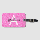 Girly Glam Hot Pink Glitter Sparkles Monogram Bagagelabel (Voorkant (horizontaal))