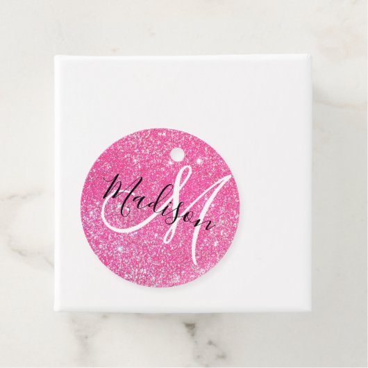 Girly Glam Hot Pink Glitter Sparkles Monogram Bedankjes Labels (In situ)
